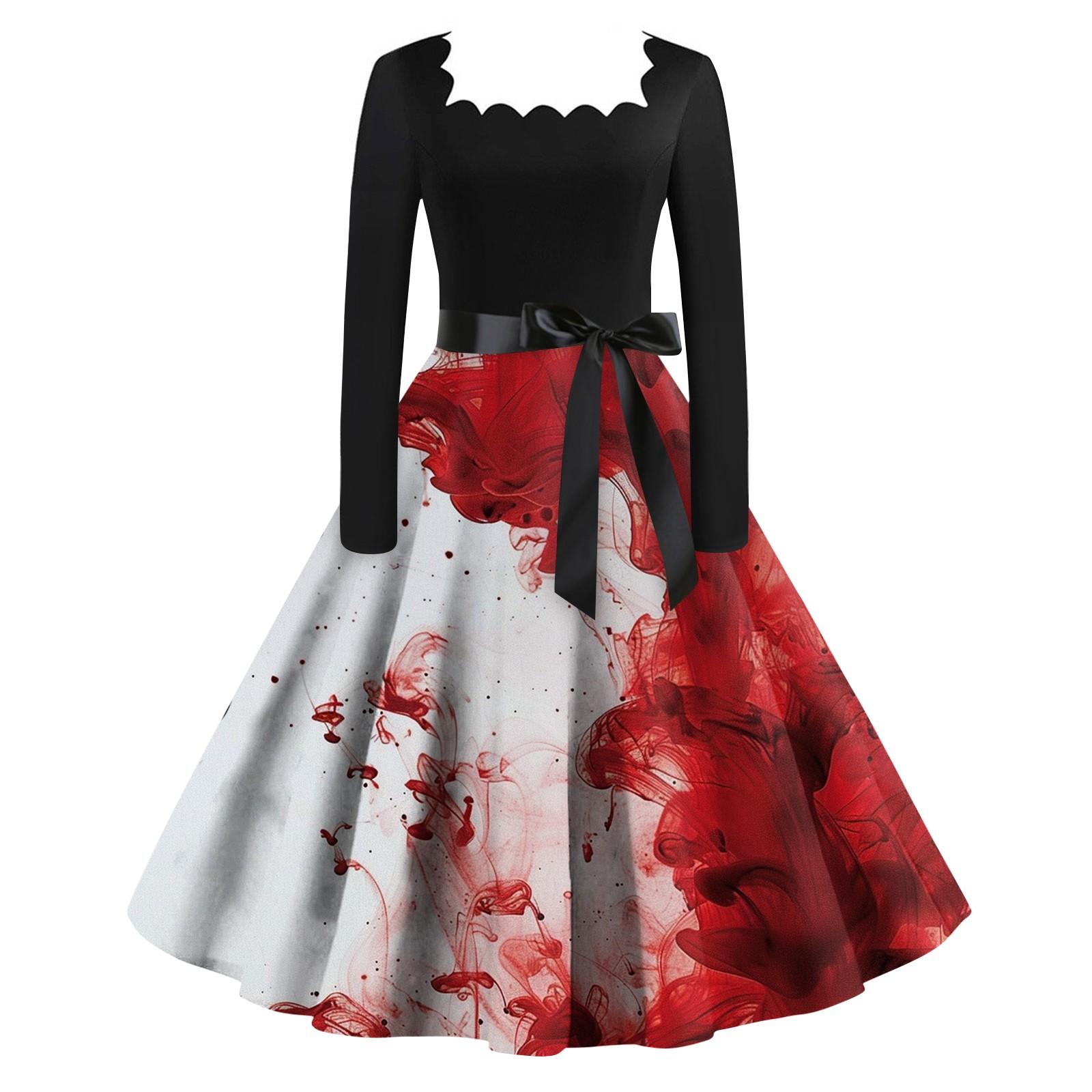 

Женское модное ретро вечернее платье с длинным рукавом и квадратным вырезом с принтом на Хэллоуин XL