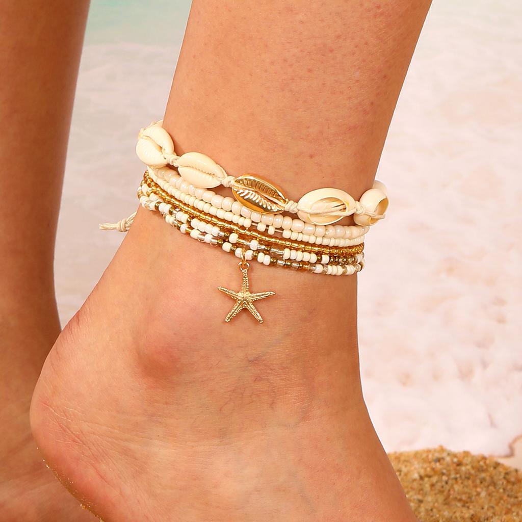 Bohemian Beach Anklet Set, Multi-Layer Beaded & Shell Charm Ankle Bracelets with Starfish, Turtle, Tassel Details