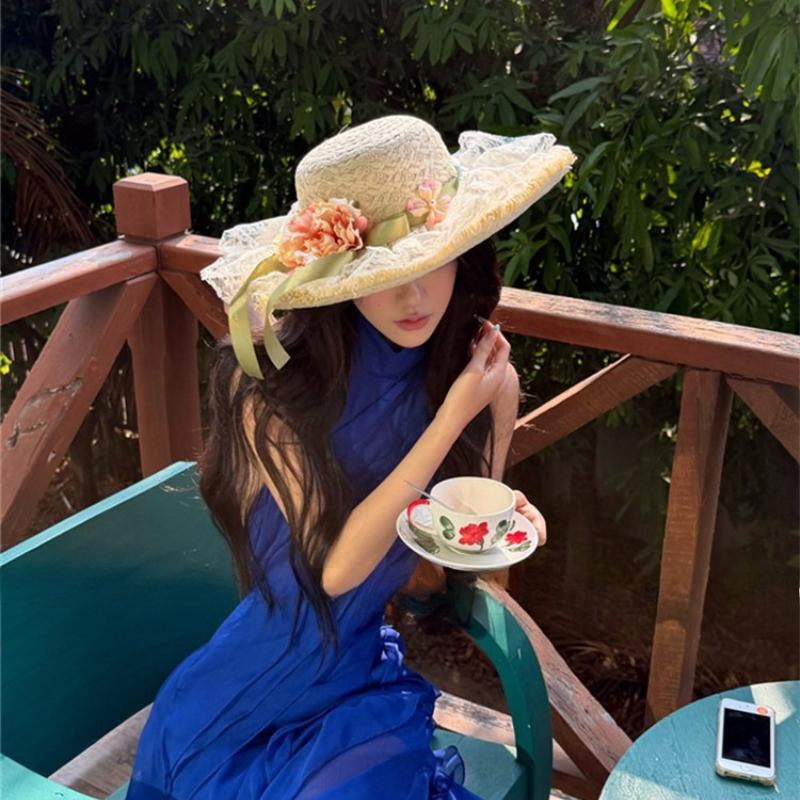 1pc Sweet Flower Bow Lace Straw Hat for Women,summer Sun Beach Vacation Style,big Brim,sunshade Sun Protection Hat for Tralve