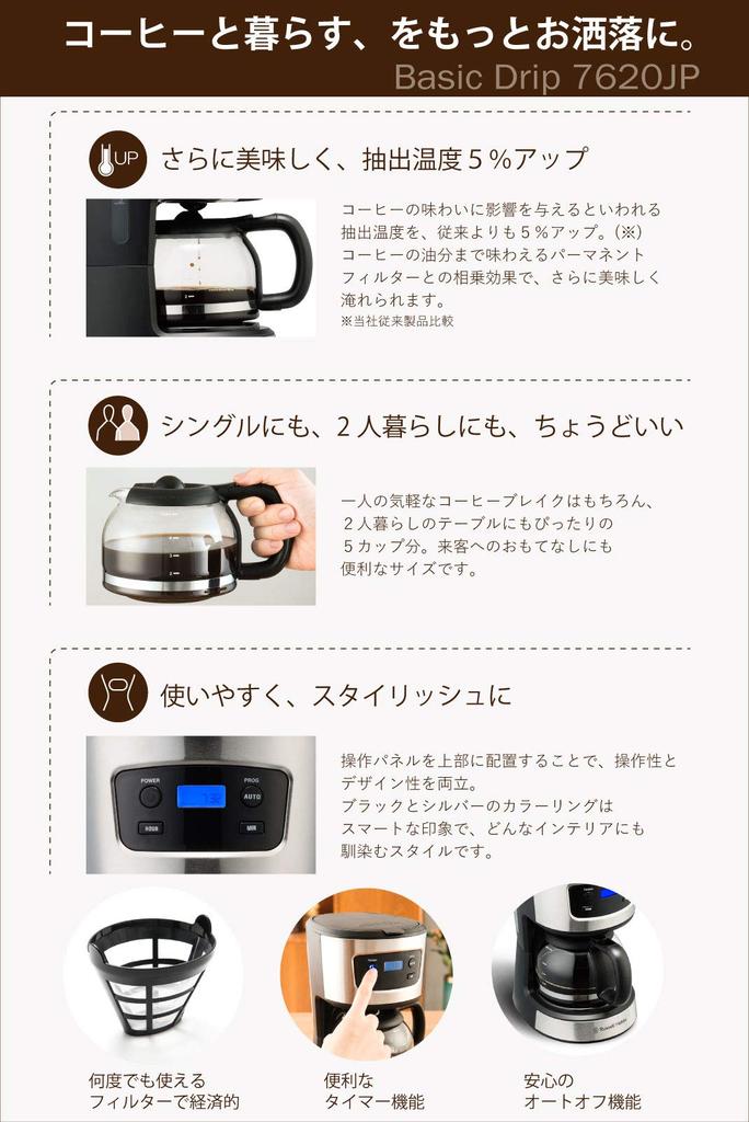 Oishi & Associates Russell Hobbs Electric Coffee Maker, 5-Cup Capacity, with Timer, Basic Drip, 7620JP
