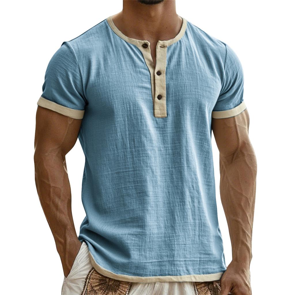Men's Breathable Solid Color Pleated T-shirt Men's Casual Contrast Color Short Sleeve T-shirt