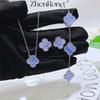 Light Blue Clavicle Necklace Women Jewelry Set Celadon Stone Four Leaf Clover Pendant Unique Bracelet Amethyst Stud Earrings