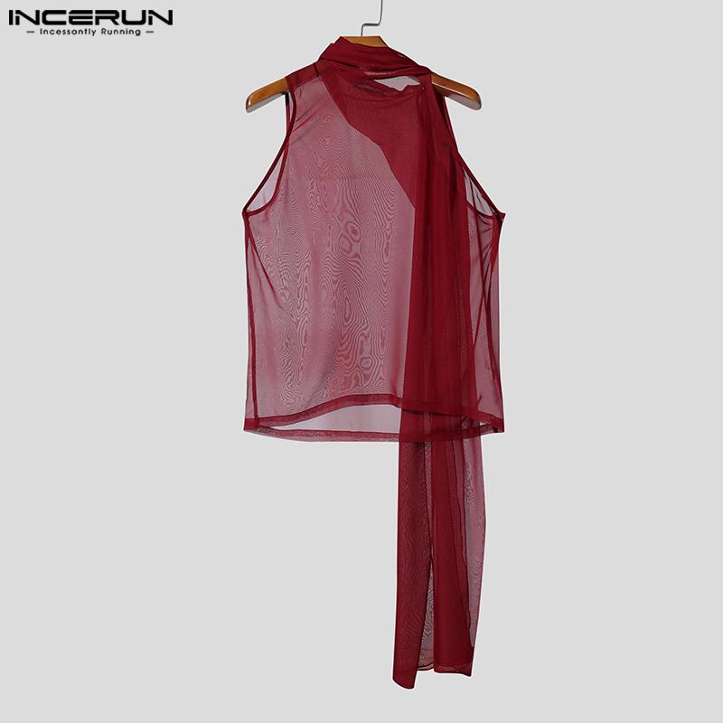 INCERUN Men Tie Neck Sleeveless See Through Mesh Sheer Party Club Tank Tops