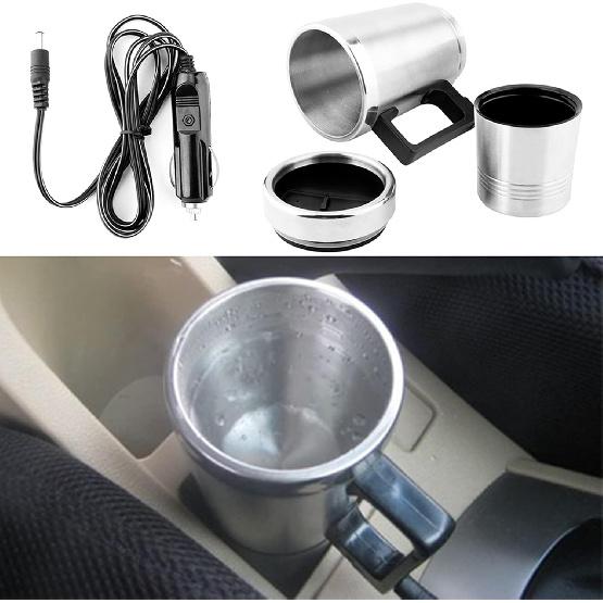 Acouto 12V Car Kettle 350Ml+150ML Stainless Steel Car Electric Heating Kettle Coffee Tea Travel Water Heating Cup