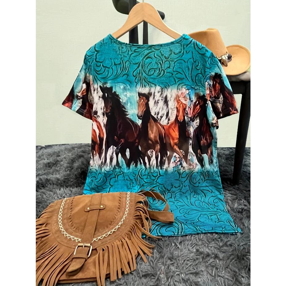 Trendy Liščí Tričko Prodyšné Nadměrné Dámské Tričko s V-výstřihem s Liščím a Květinovým Potiskem Každodenní Pohodlí, Umělecký Design