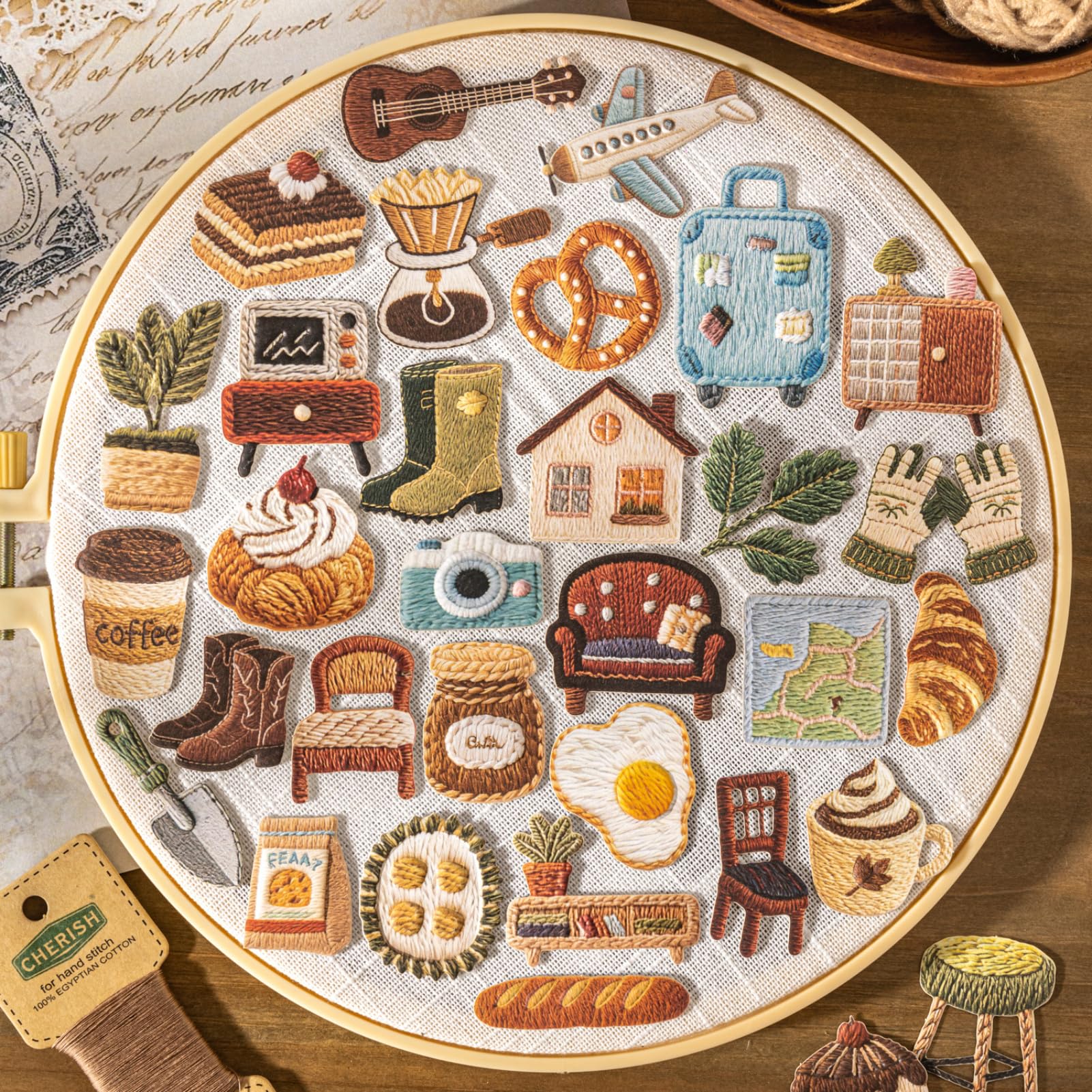 

Zolarkar Embroidery Style Stickers 6-Set 180 Sheets Small Items Washable Paper Realistic Texture Garden Reading Cafe Furniture Bakery Travel Collage