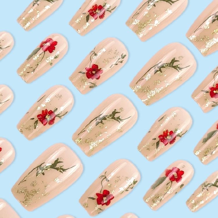 Square Nail Tips Flower Fake Nail Glues On Nail Stick On Nail Press On Nail Artificial False Nail for Womens and Girls