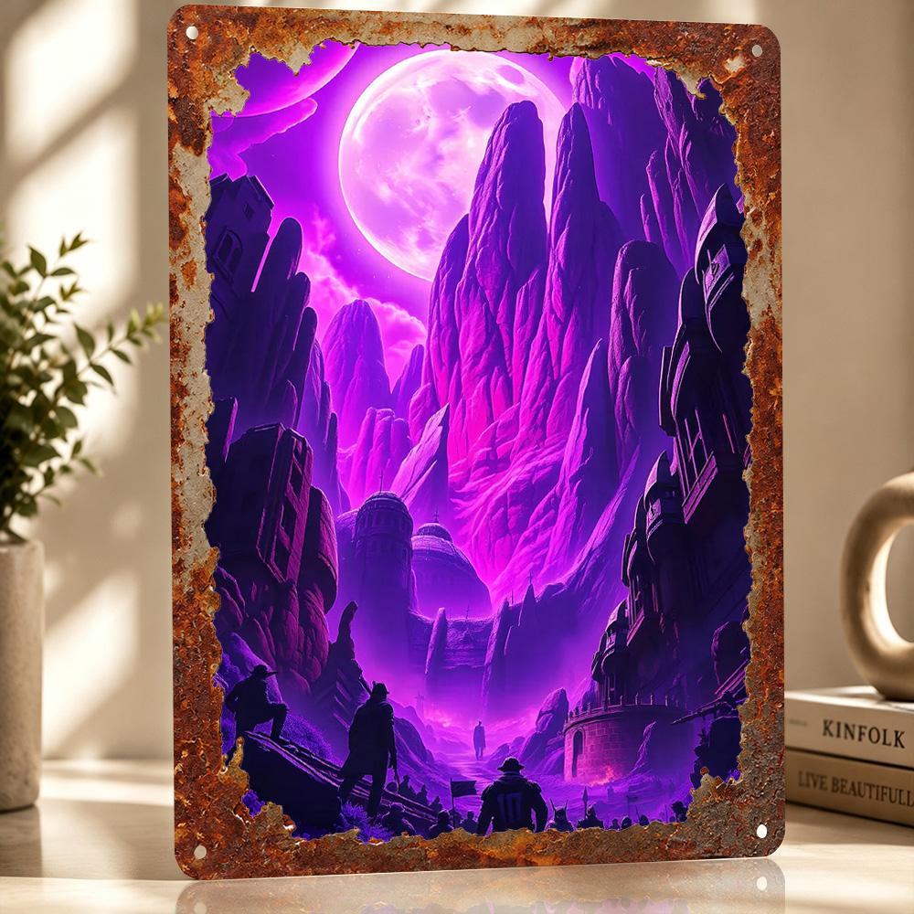 Purple Mountain Fantasy Personalized D Textured Metal Poster Wall Art Tinplate Sign for Decoration Room Decorating Interior