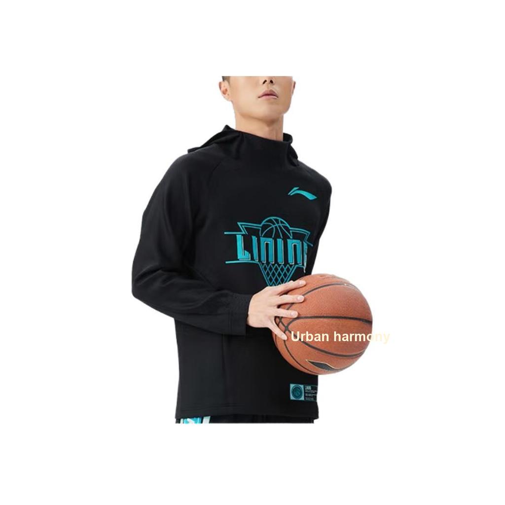 Li-Ning CBA Basketball Series Letter Print Pullover Hoodie Men Tops Black AWDR709-2