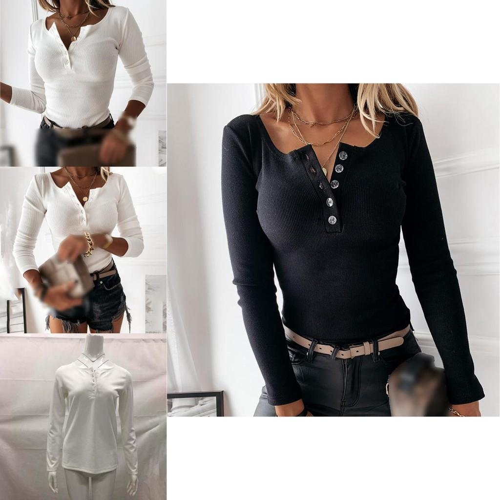 Fashionable Ladies Long Sleeve V Neck Button T Shirt Tee In Solid Colors For Casual Outfits