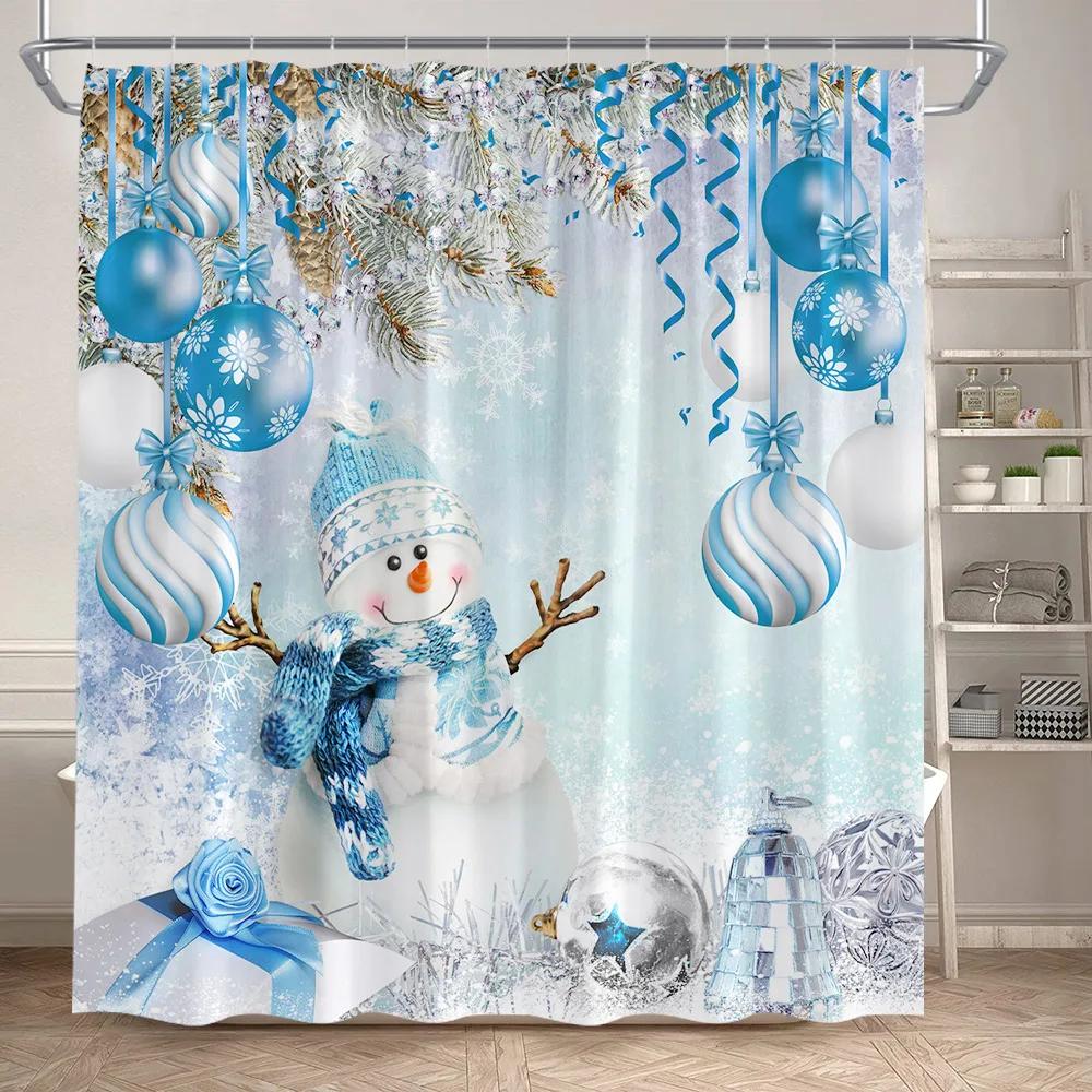 Red Christmas Shower Curtain Set Green Pine Branches Rope Ball Winter New Year Xmas Bathroom Decor Rug Bath Mat Toilet Lid Cover