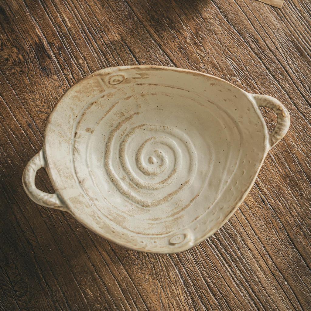 Handcrafted Double-Ear Coarse Pottery Bowl: Elegant Tableware for Salads, Fruits, and More