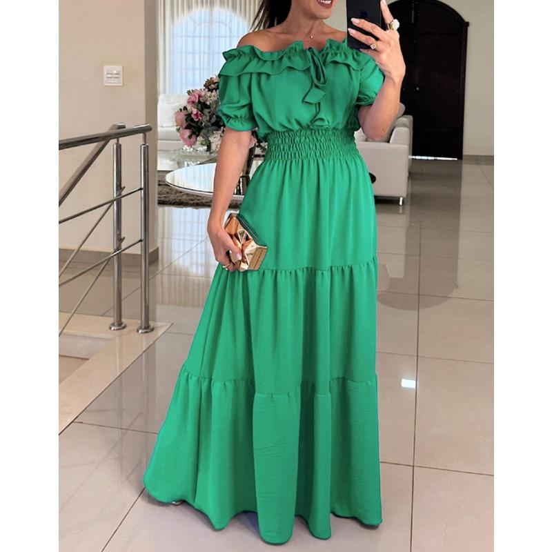 Neues modisches einfarbiges Schnür-Rüschenrand-One-Shoulder-Blusenärmel-Kleid Damenbekleidung