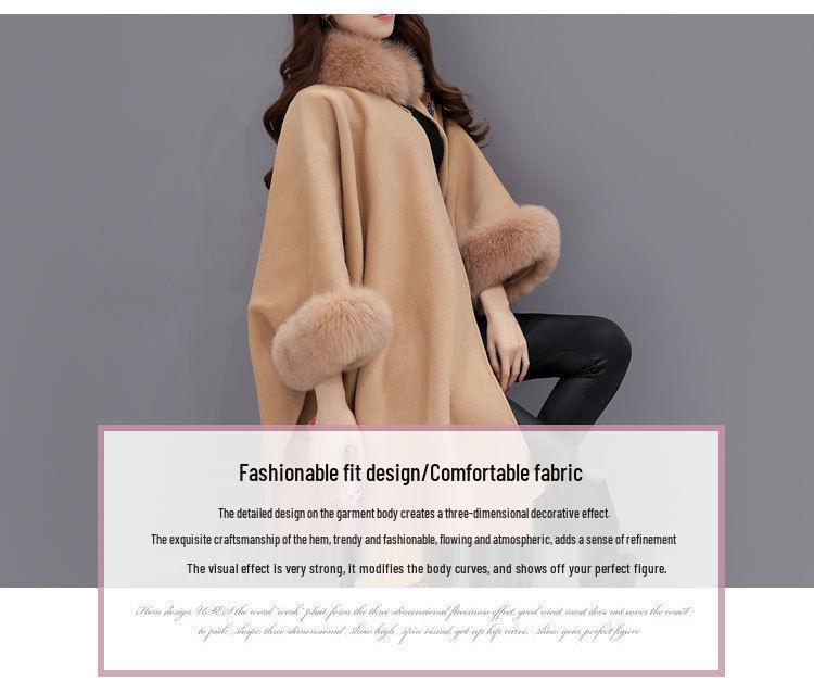 Women's Hepburn Style Wool Coat with Large Rabbit Fur Collar - Autumn/Winter Mid-Length Cape Shawl, Plus Size Available.