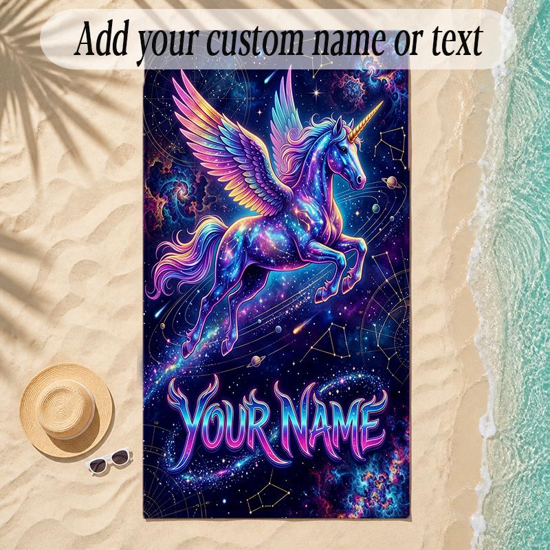 Unicorn Theme Soft Beach Towel Personalized Custom Name Text Towel Portable for Beach Pool Travel