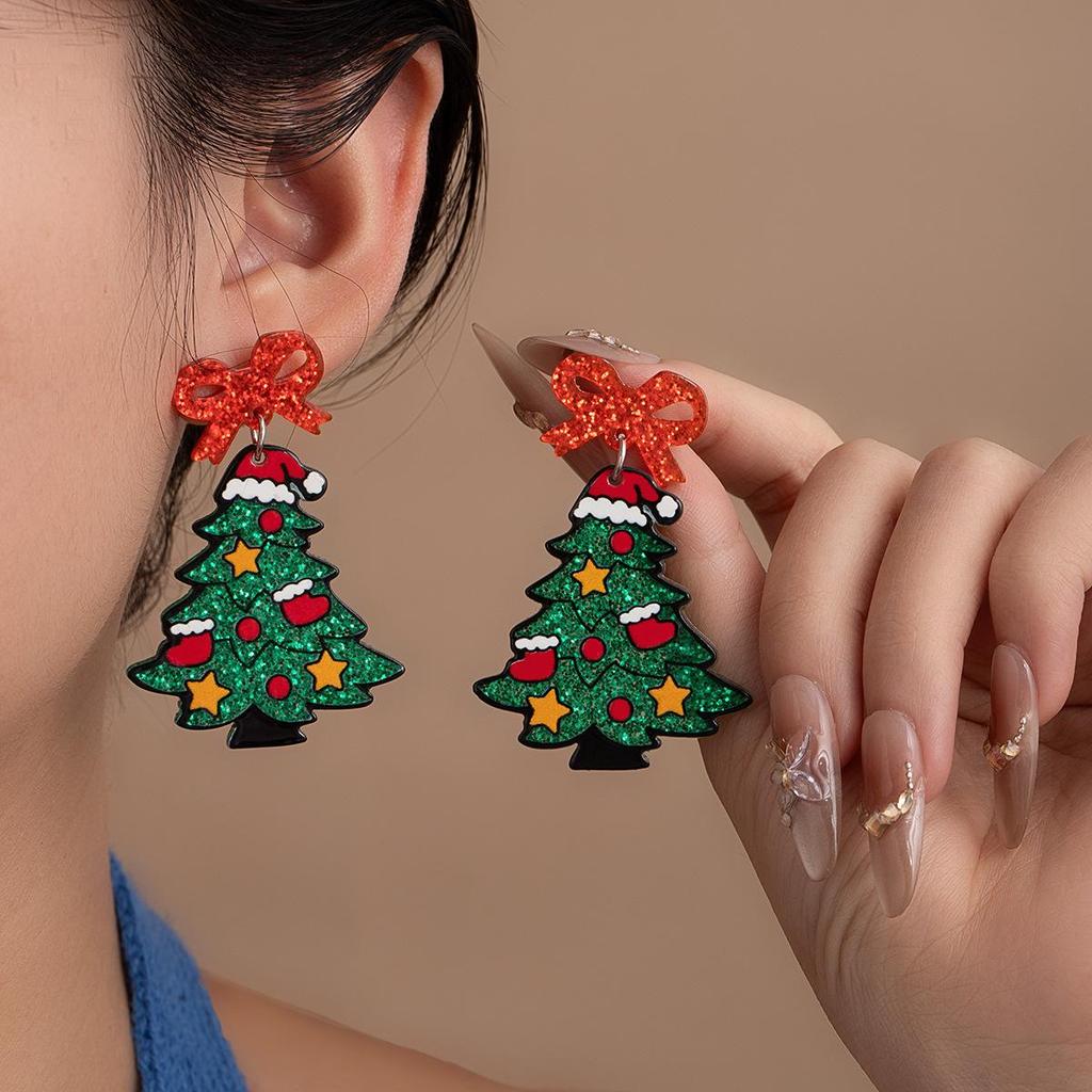 Colorful Christmas Tree Earrings with Bowknot - Cute and Creative Acrylic Studs