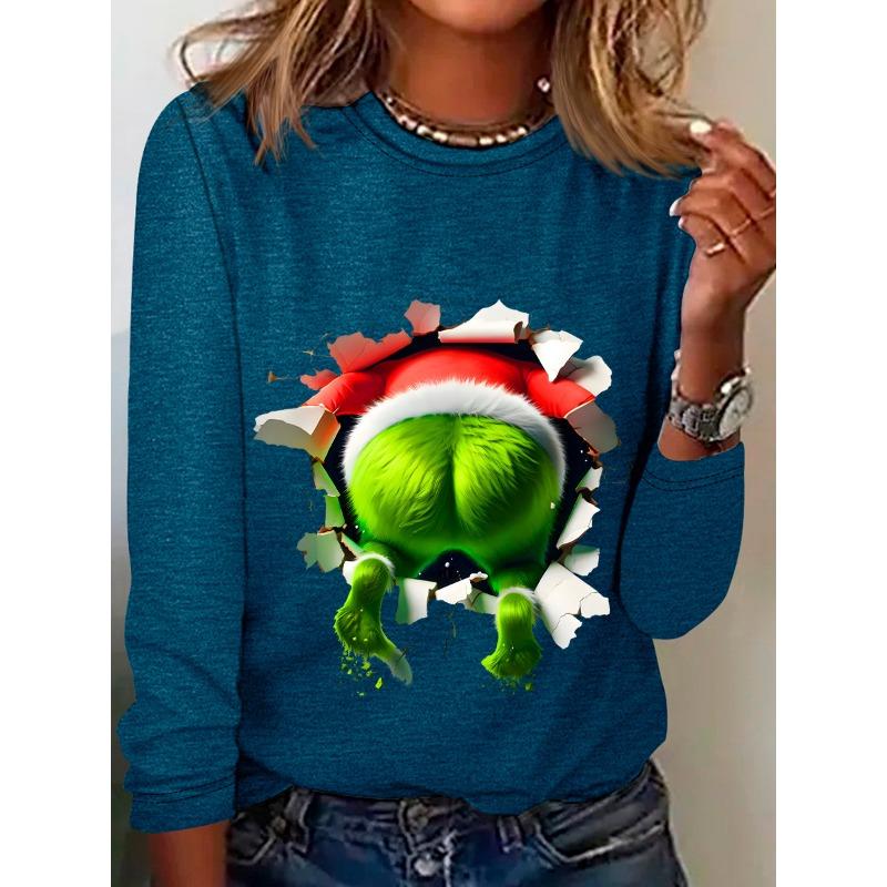 

Round Neck 3D Printed Fun Christmas Genie Pattern Top Fashionable Casual Long Sleeved Women s T-shirts 5XL