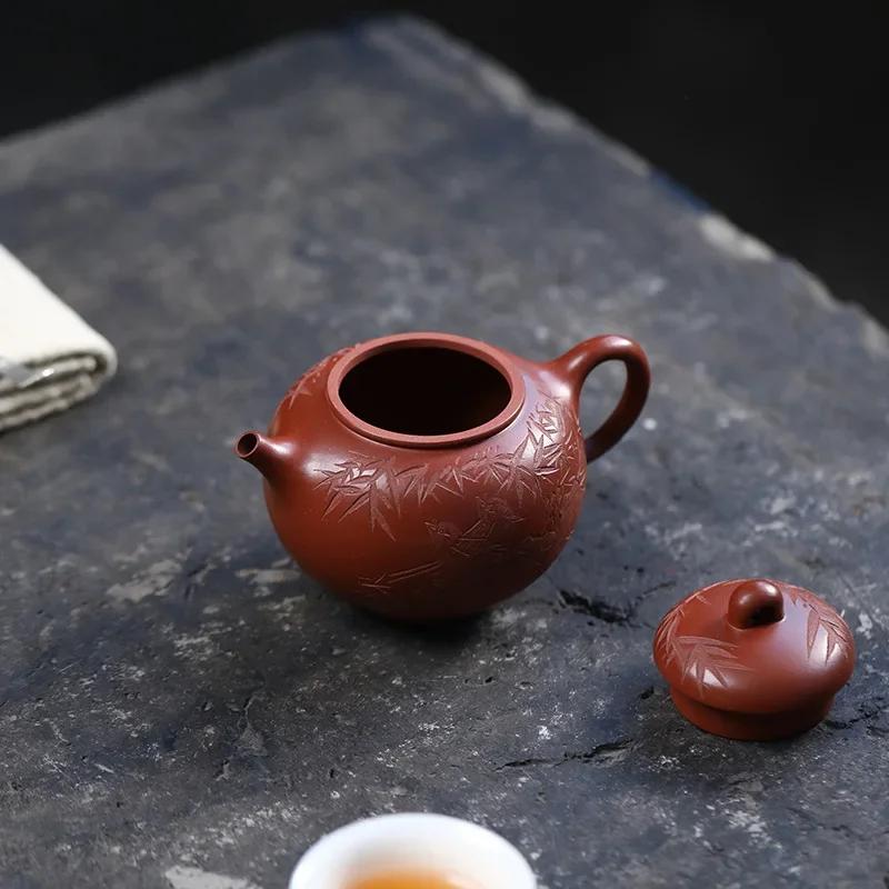 180ml Yixing Purple Clay Teapot Kettle Master Hand-carved Bird Bamboo Leaf Tea Pot Tea Infuser Chinese Handmade Zisha Tea Set