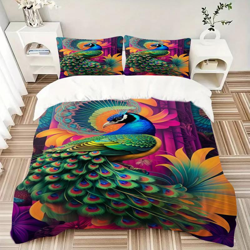 3pcs Peacock Feather Print Duvet Cover Set - Includes 1 Duvet Cover and 2 Pillowcases, No Quilt Core, All-Season Home Decor yy251111024