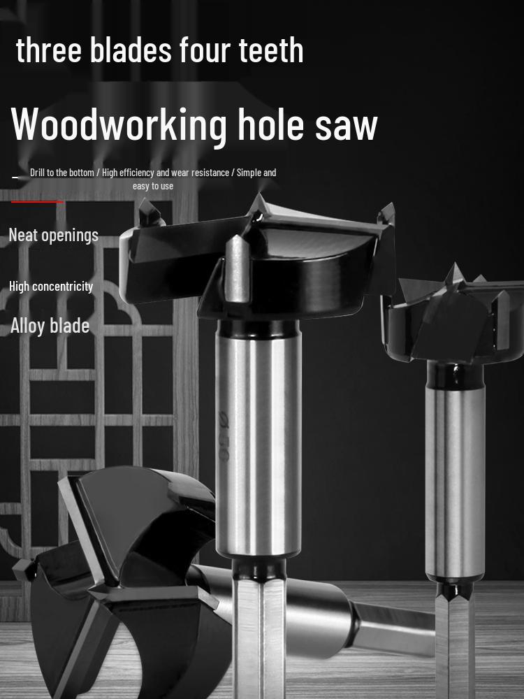 Three-Blade Woodworking Hole Saw Drill Bit for Door, Board, and Lock Installation