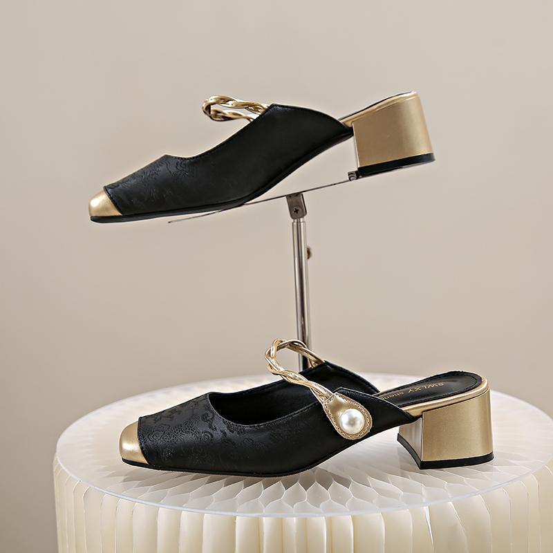 Elegant Chinese Style Women's Mid Heel Slip-On Shoes Summer Soft Fairy Outerwear Mary Jane Flat Sandals Silk Upper Rubber Sole
