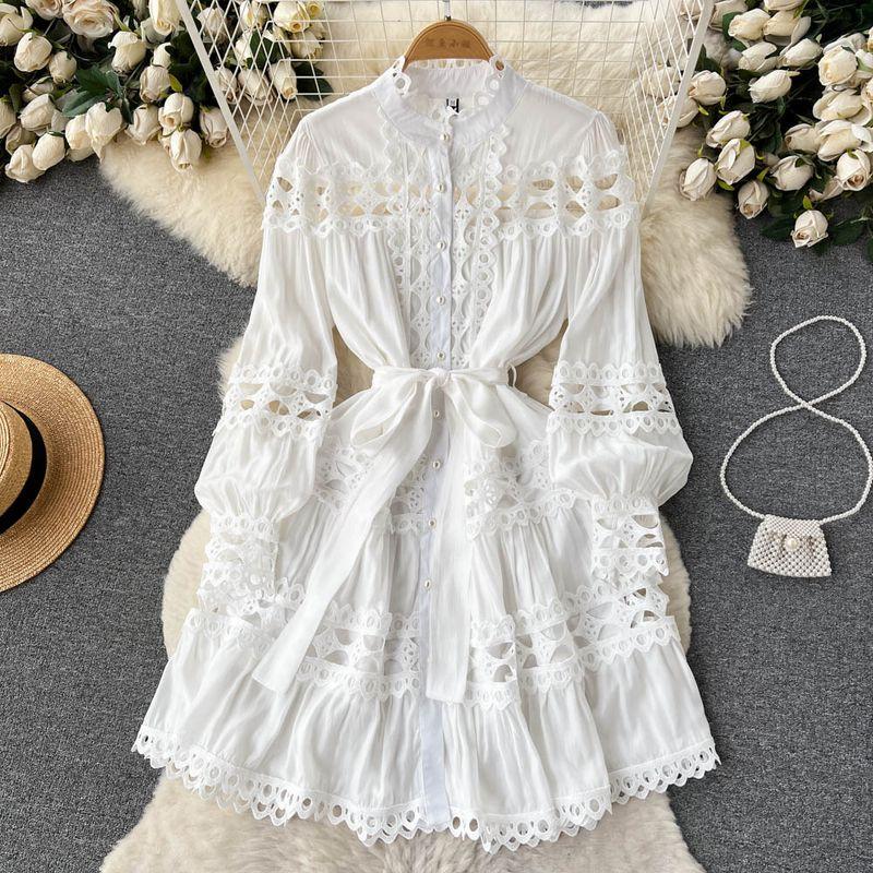 

New Arrival Stand Collar Single Breasted Lace Princess Dress White L