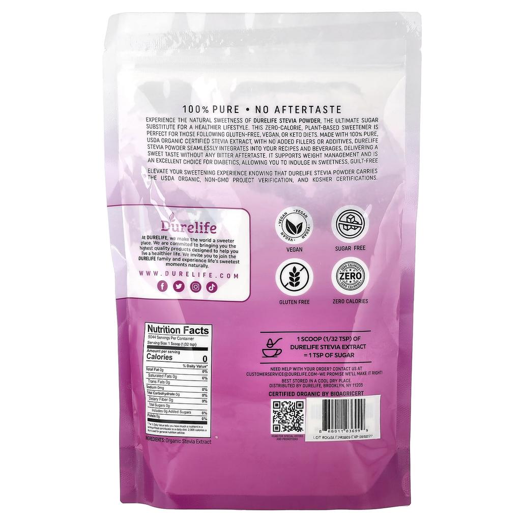 DURELIFE NUTRITION LLC, Organic Stevia Extract Powder, 8 oz (226 g)