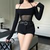 Pure Desire Off Shoulder Elegant Spice Girl Tops Ins Autumn New Sexy Slim Mesh T-shirt Women Fashion Solid Long Sleeved Casual Clothing