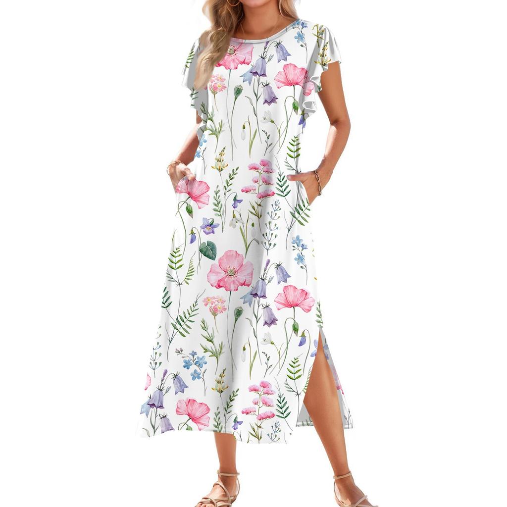 Ladies' Fashionable Summer Casual Pleated Sleeves, Loose Retro Floral Print, Short Sleeves, Round Tie, Pocket Beach Dress