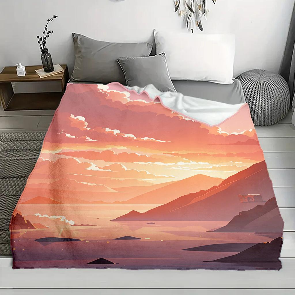 1pc Sunset Print Flannel Throw Blanket - Soft Polyester, Warm Orange & Pink Sky Landscape Design, Perfect for Home, Office, Beac