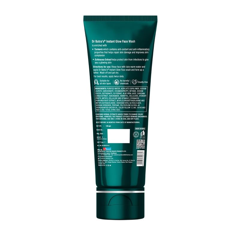 Dr Batra's Instant Glow Face Wash 100g Pack of 1 for Glowing Skin and Clear Complexion, Paraben & Silicone Free