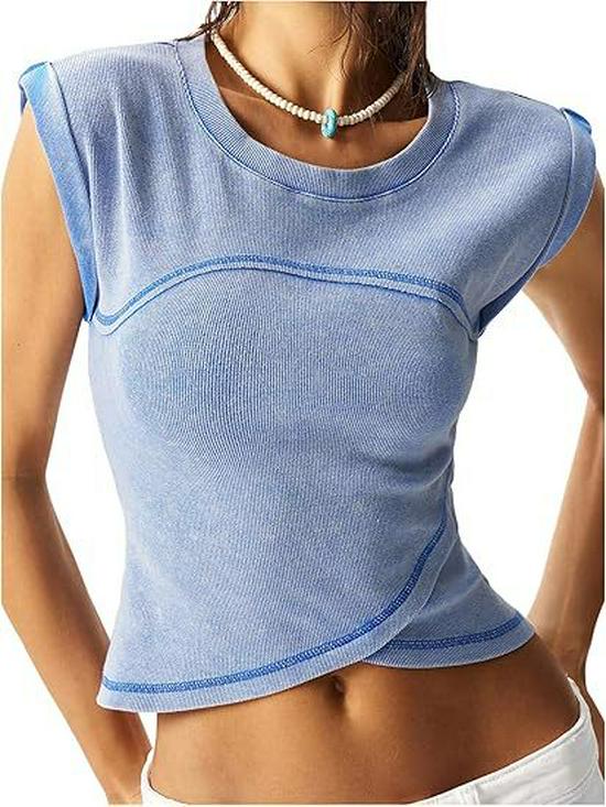 Women s Slim Round Neck Cap Sleeve Cropped Top M небесно-голубой