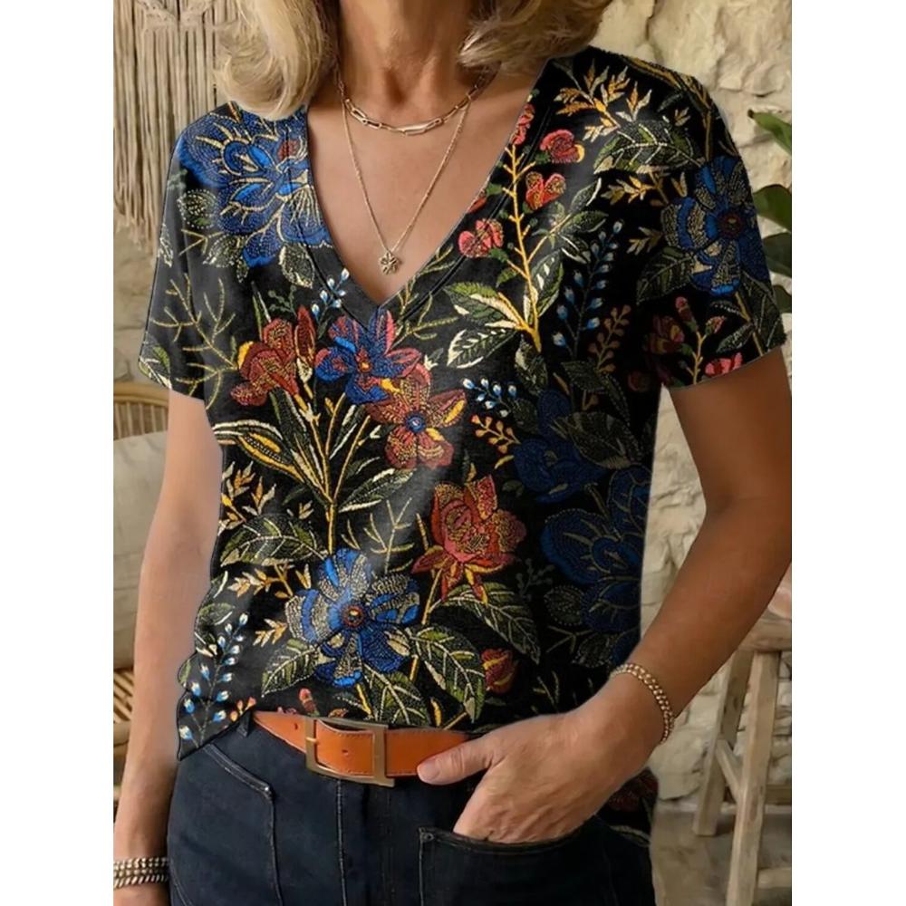 

Women s Vintage Stylish Casual V Neck Short Sleeve T-Shirt Floral Plants Graphic Print Regular Fit Daily Weekend Top for Summer S
