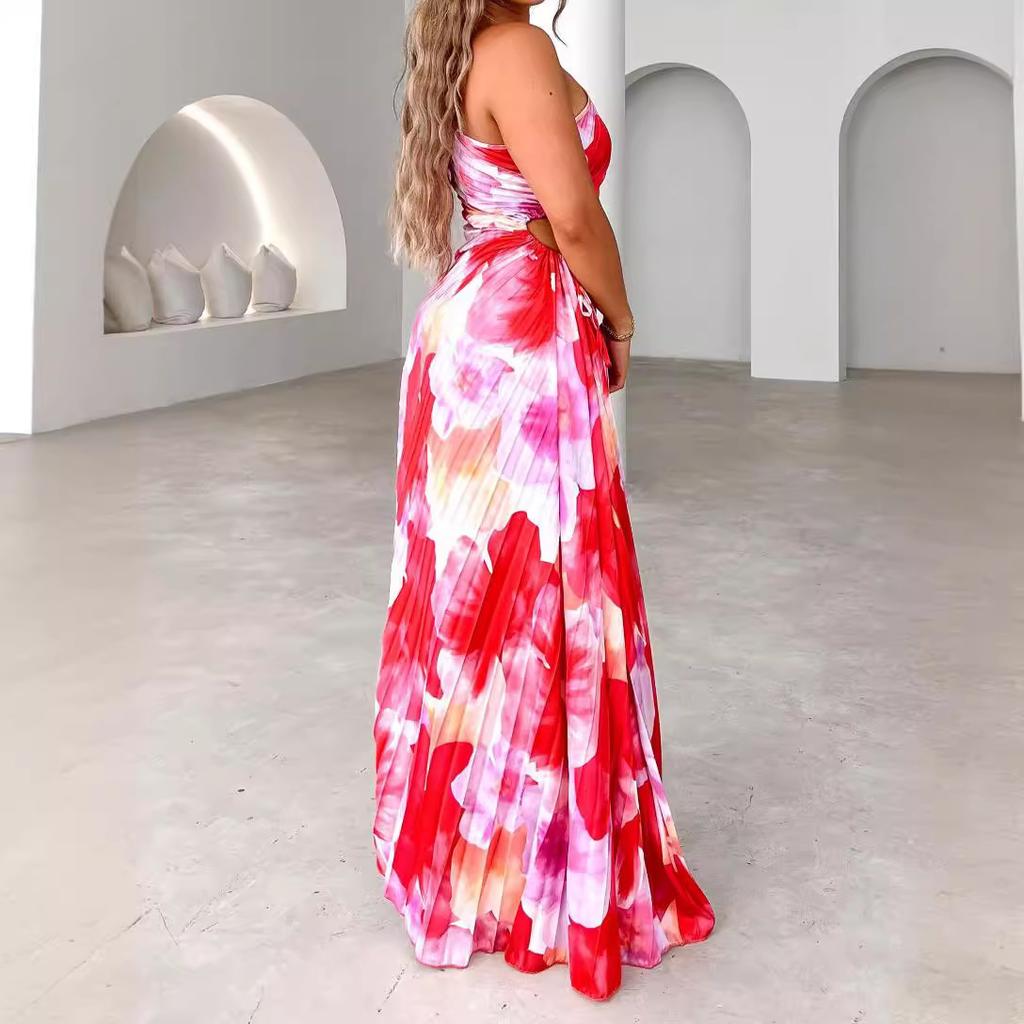 IHUASU Summer Design Lace-up Print Sleeveless One-shoulder Dress