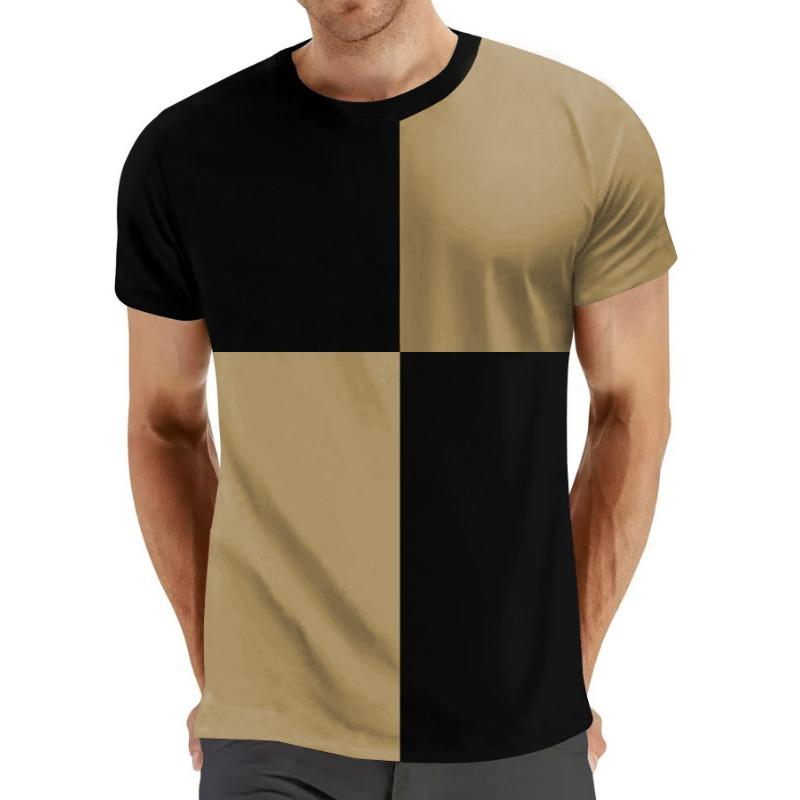 Round Neck Color Blocked Chessboard Casual Sports Men's T-shirt