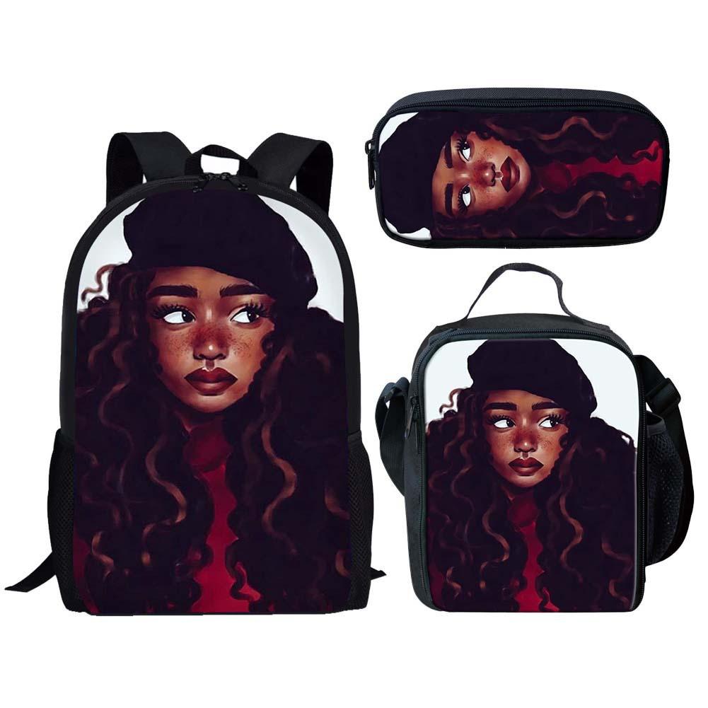 Klassiek Populair Grappig Zwarte Afrikaanse Meisjes 3D Geprint 3 stuks/Set leerling Schooltassen Laptop Dagrugzak Rugzak Lunchtas Etui