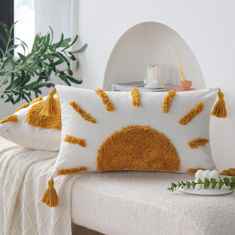 Ins Style Pillow Yellow Sun Tufted Pillow Case Homestay Pillow Living Room Sofa Tassel Cushion Removable and Washable
