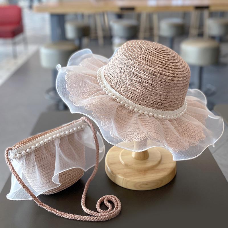 Pearl Mesh Girls' Summer Straw Hat Set - Parent-Child Style, Large Brim, Sun Protection