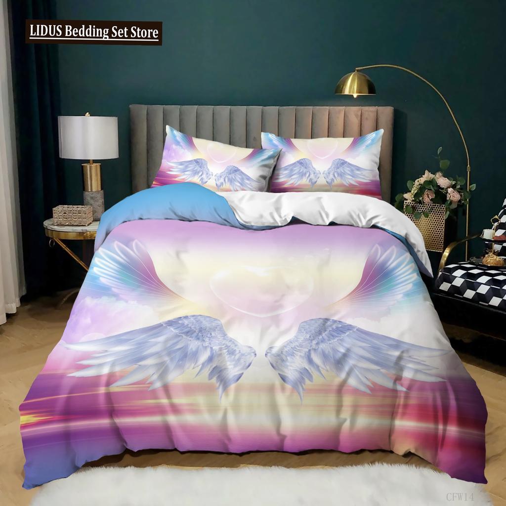 Engelsflügel Bettbezug Set Schwarzer Hintergrund Leuchtend Orange Flügel 3D Druck Bettdeckenbezug King Queen Größe Polyester Bettwäsche Set