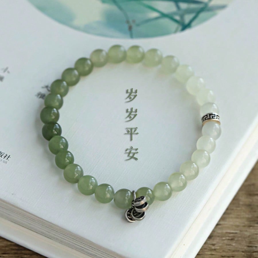 Hetian Jade Green and White Jade Gradual Change Bracelet New Chinese Literary and Retro Style Suisui Ping An Silver Blessing Bracelet
