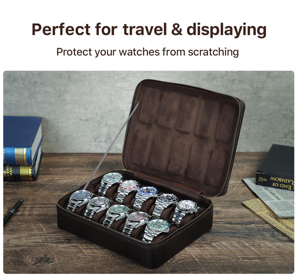 Retro Crazy Horse Cowhide Leather Watch Box - 10-Slot Handcrafted Storage for Wristwatches