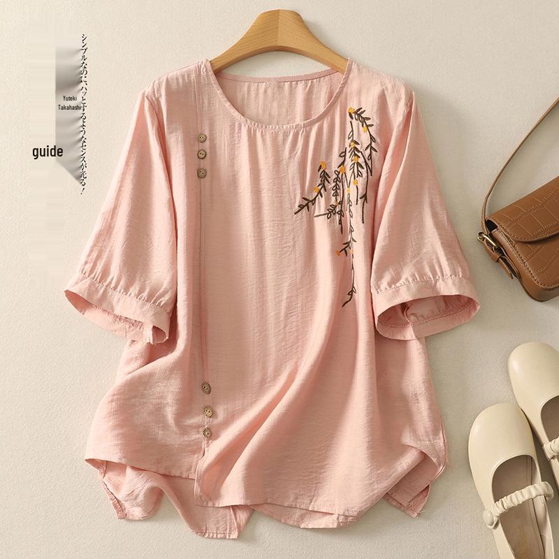 2026 Plus Size Retro Summer Cotton Linen Embroidered Top for Women M