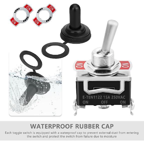 3 Way Toggle Switch, 3 Position ON-OFF-ON, 3 Pin, Black, with 2 Waterproof Boot Caps, 15A 250VAC for Ignition & Pressurization, Universal Fits Car