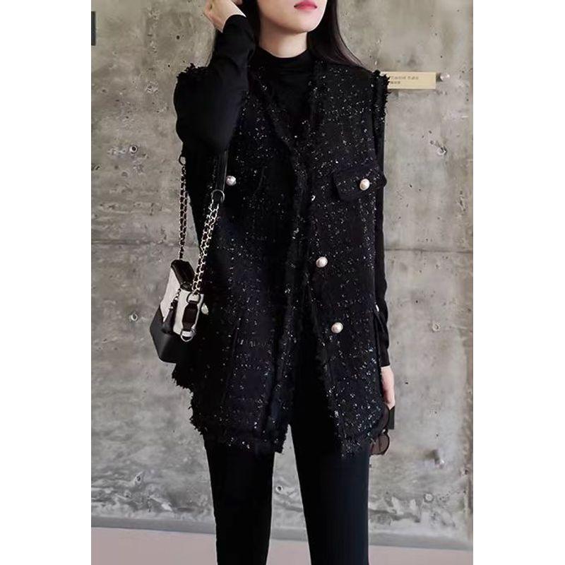 

Super Versatile! Chasing Quality Women Double Breasted V-neck Wool Mid-Length Vest Autumn and Winter Outerwear Flash Bright Silk Black L