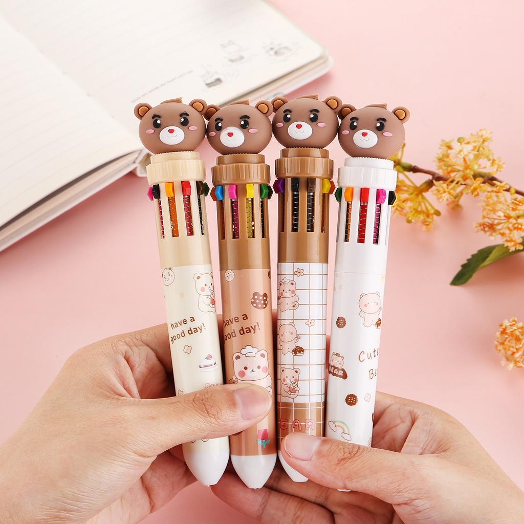 1 Pc Little Bear Ten Color Ballpoint Pen Fluent Writing Suitable for Office Work, Brushing Questions, Signing Writing, Diaries, Notes, Student Class