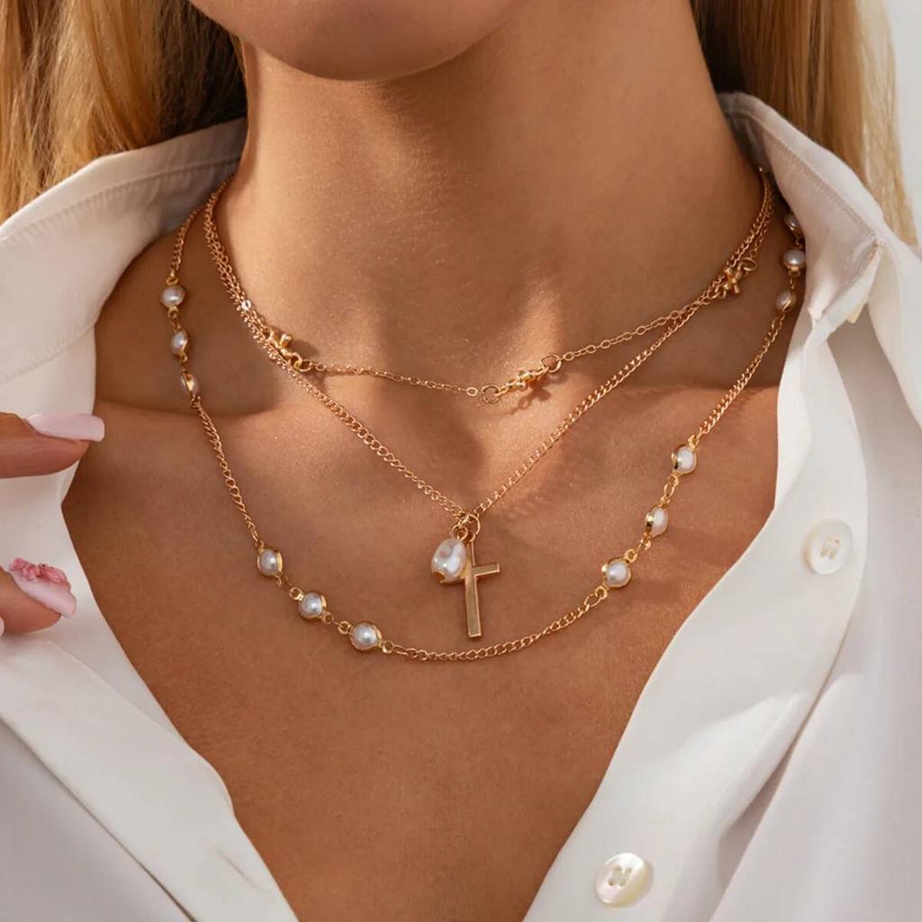 SHIXIN 3Pcs/Set Vintage Jesus Cross Pendant Necklace for Women Boho Trendy Multi-Layer Metal Imitation Pearl Choker Jewelry Gift