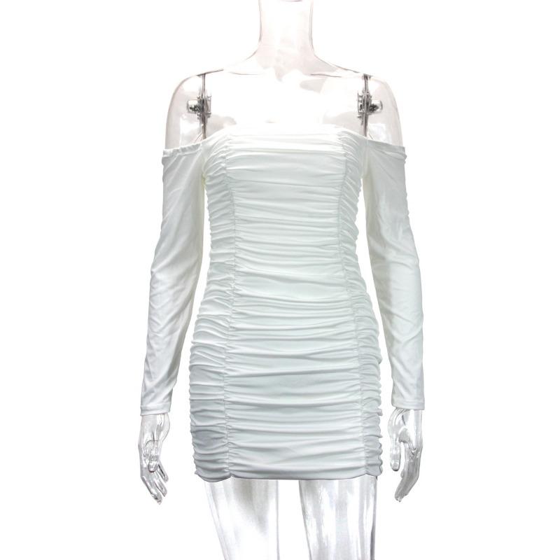 Women's Spring and Autumn One-line Collar Long Sleeve Pleated Temperament Package Hip Skirt Sexy Wrap Dress