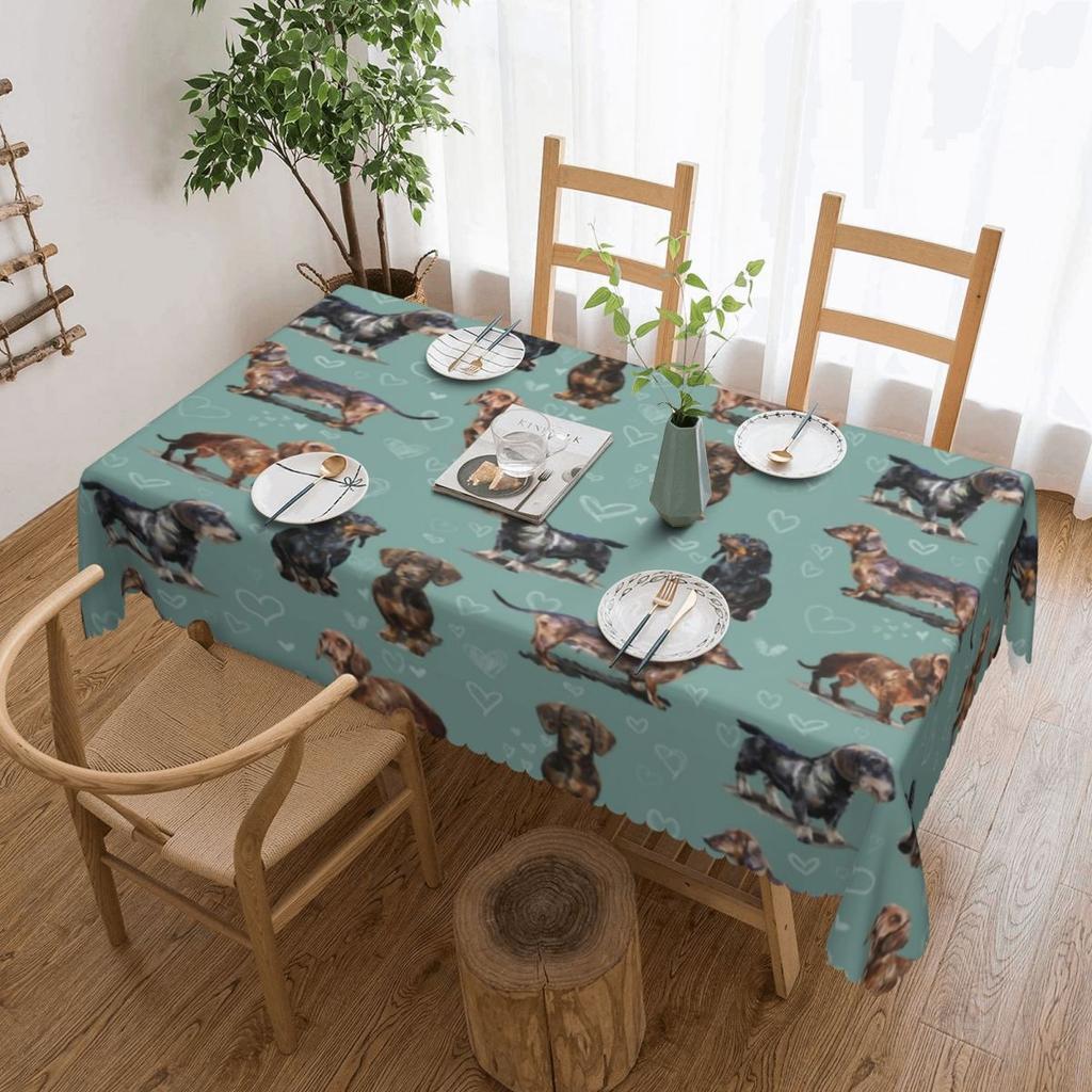 Rectangular Couple Dachshund Dog Pattern With Heart Table Cloth Waterproof Tablecloth Outdoor Table Cover