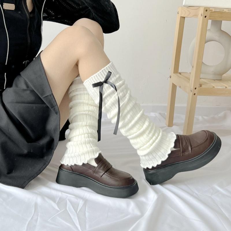 Women Harajuku Gothic Ribbed Knit Leg Warmer Socks Japanese Sweet Ribbon Bowknot Lettuce Ruffled Hem Foot Cover Stocking
