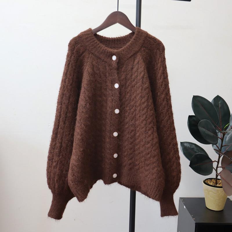 Loose and gentle wind soft waxy sweater jacket autumn and winter new twist crew neck lazy wind knitted cardigan